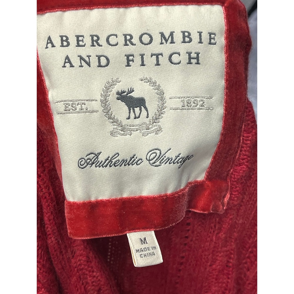 Abercrombie & Fitch Red Cable Knit V-Neck Sweater Women M Moose Logo Y2K Vintage - Picture 4 of 5
